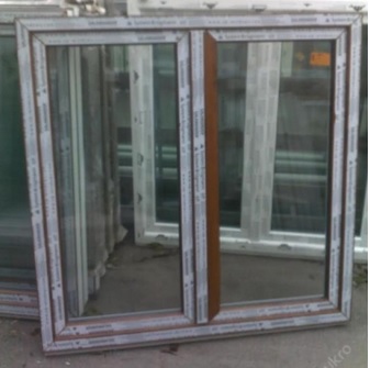 Kunststofffenster 140x140 cm (b x h), Aussendekor eiche gold und innen weiß, 2-flügelig, 3-fach Verglasung – Bild 2